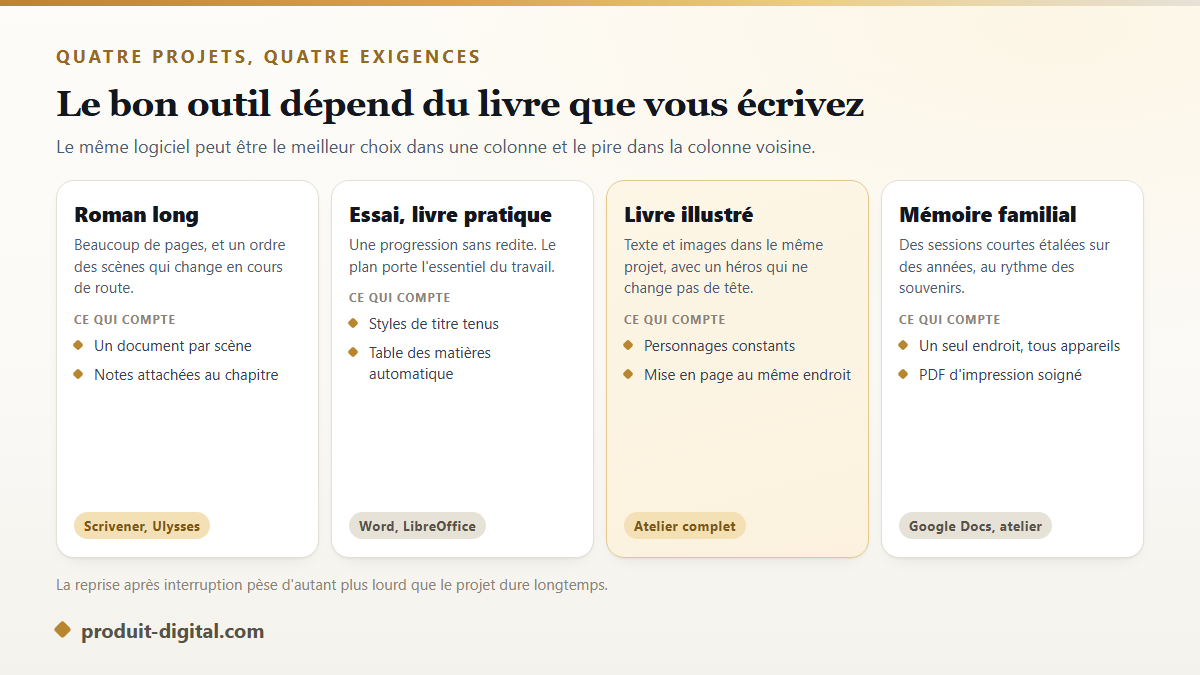 Quel outil d'écriture choisir selon le type de projet de livre : roman long, essai, livre illustré ou mémoire familial