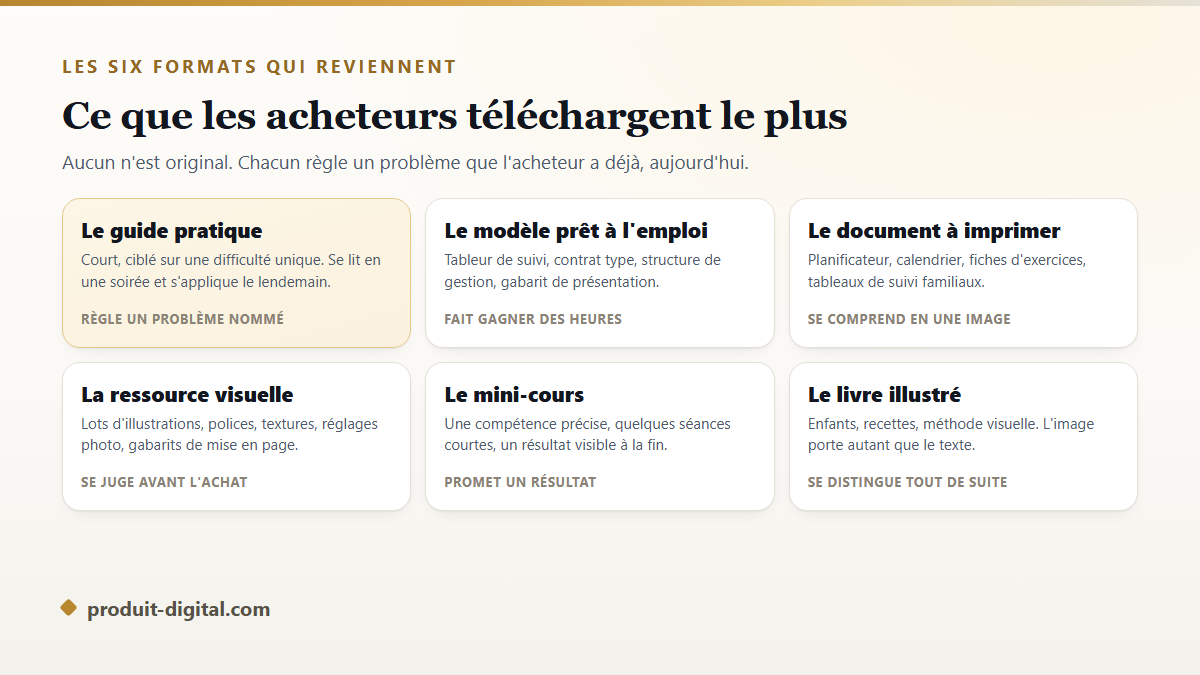 Les six formats de produits digitaux les plus vendus, avec le problème que chacun règle pour l'acheteur