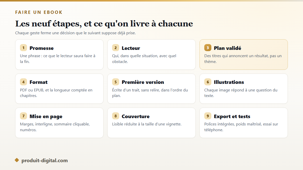Les neuf étapes pour faire un ebook, de la promesse au fichier exporté et testé
