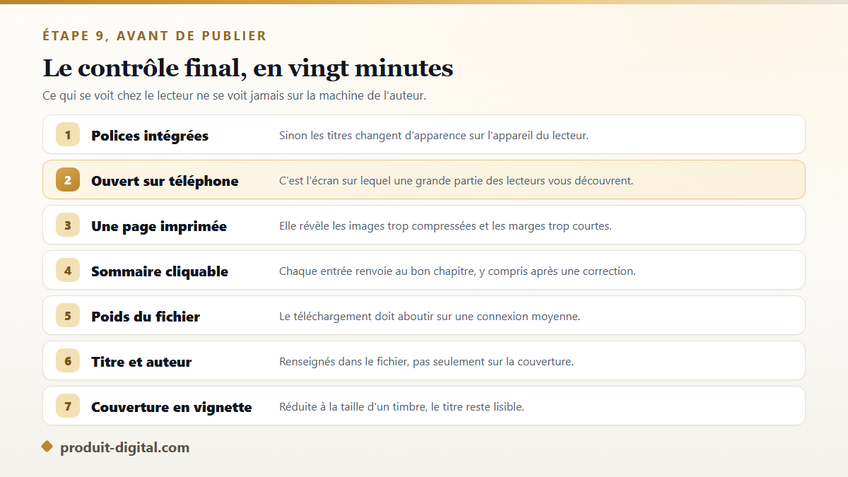 Le contrôle final d'un ebook avant publication : polices, images, sommaire, poids du fichier et test sur téléphone