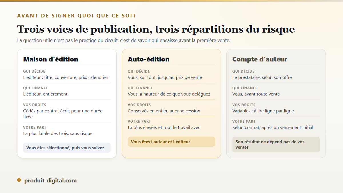 Comparaison des trois voies de publication d'un livre : maison d'édition, auto-édition et compte d'auteur, avec qui décide, qui finance et qui garde les droits