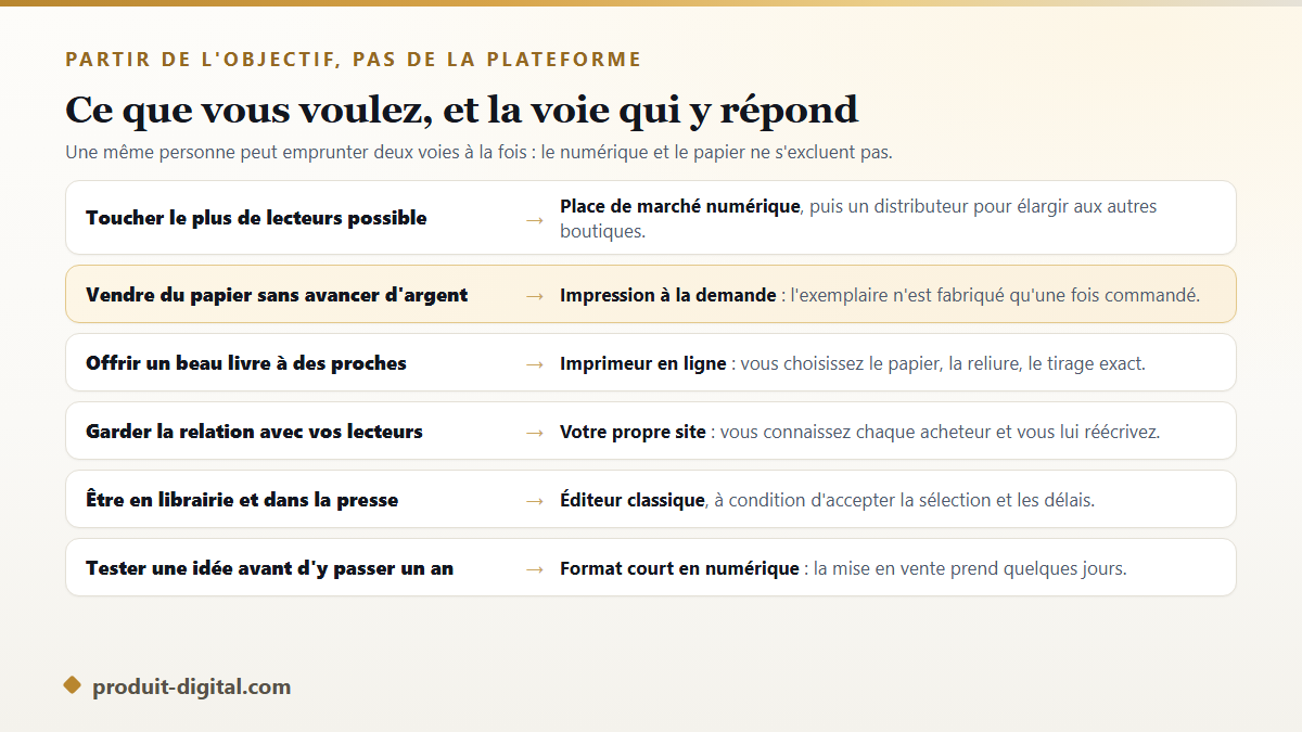 Grille de décision pour choisir où publier son livre selon l'objectif de l'auteur