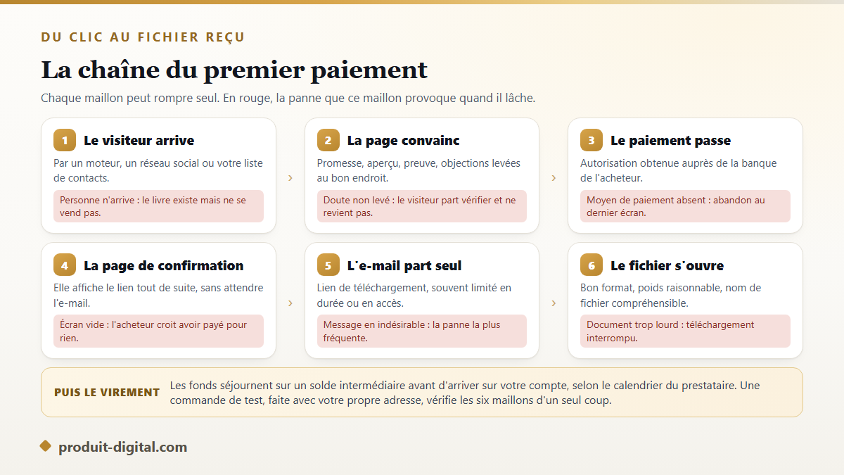 La chaîne du premier paiement d'un ebook, du visiteur à la livraison automatique du fichier