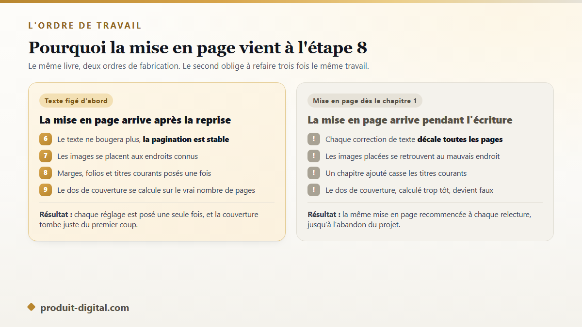 Ce qui casse quand on met en page un livre avant que le texte soit figé, comparé au bon enchaînement des étapes