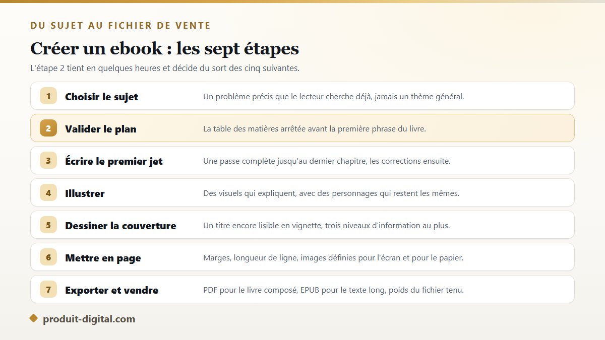 Les sept étapes pour créer un ebook, du choix du sujet à l'export du fichier de vente