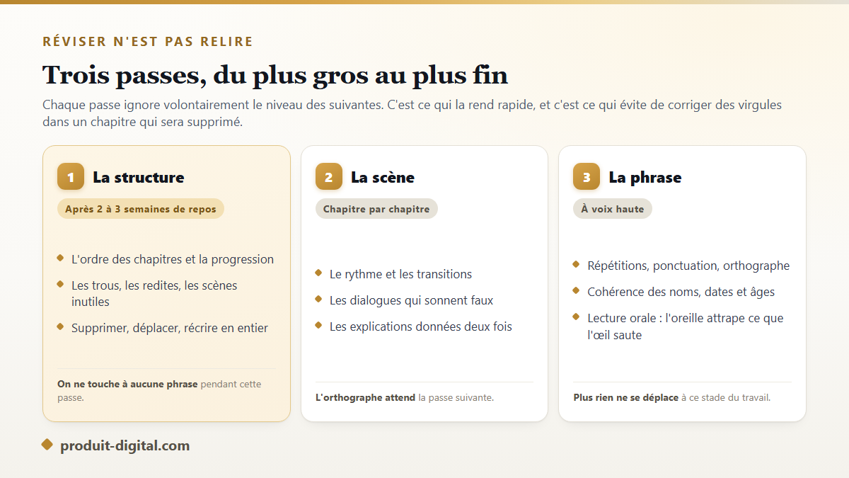 Les trois passes de révision d'un manuscrit, de la structure du livre à la phrase et à l'orthographe