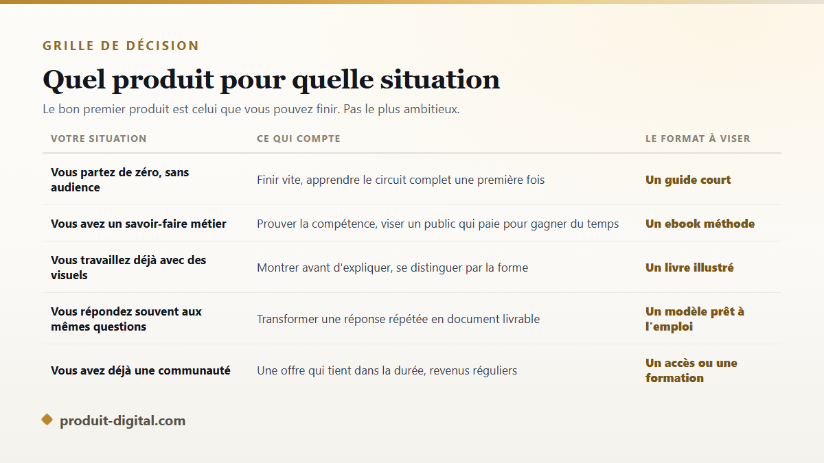 Grille de décision pour choisir son premier produit digital selon sa situation de départ