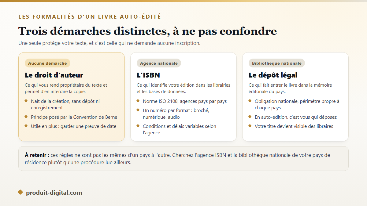 Les trois formalités d'un livre auto-édité : droit d'auteur automatique, ISBN par format auprès de l'agence nationale, dépôt légal auprès de la bibliothèque nationale
