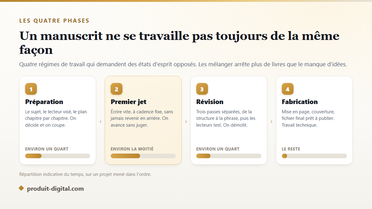 Les quatre phases pour écrire un livre : préparation, premier jet, révision et fabrication du fichier final