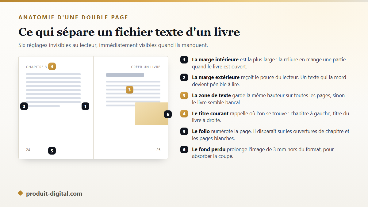 Anatomie d'une double page de livre : marge intérieure, marge extérieure, zone de texte, titre courant, folio et fond perdu