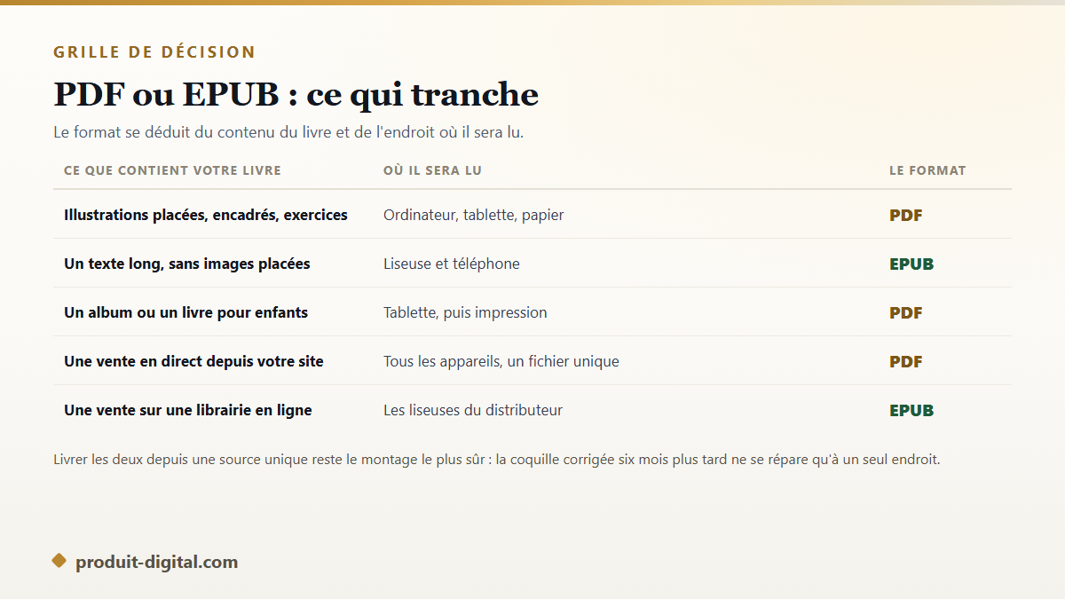 Choisir entre PDF et EPUB pour son ebook selon le contenu, l'appareil de lecture et le canal de vente