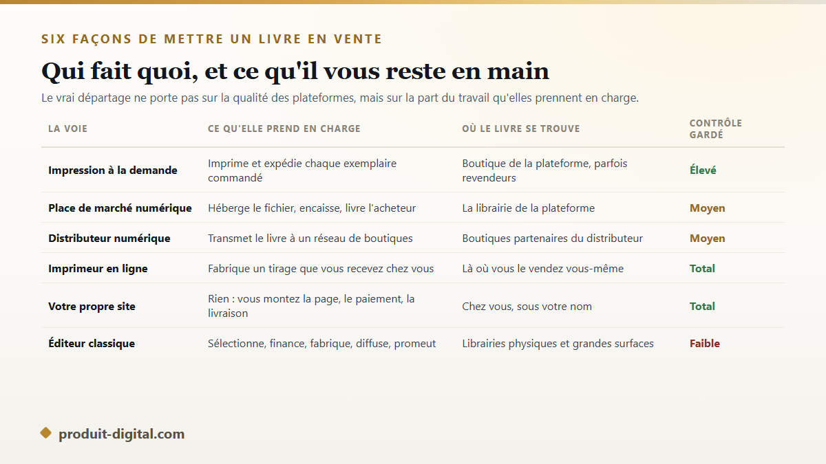 Comparatif des six voies de publication d'un livre : impression à la demande, place de marché numérique, distributeur, imprimeur en ligne, site personnel et éditeur classique