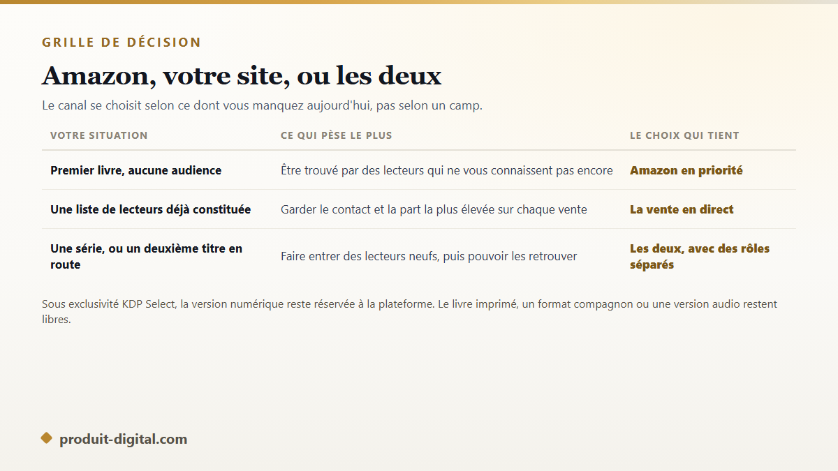 Grille de décision entre vendre son livre numérique sur Amazon KDP, en direct sur son site, ou sur les deux canaux