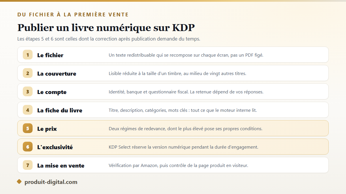 Les sept étapes pour publier un ebook sur Amazon KDP, du fichier au format Kindle jusqu'à la mise en vente
