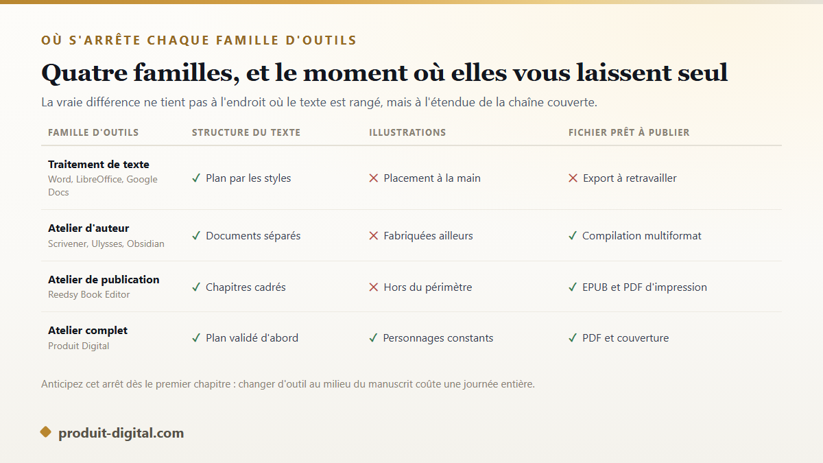 Les familles d'outils pour écrire un livre en ligne : traitement de texte, atelier d'auteur et ateliers de publication