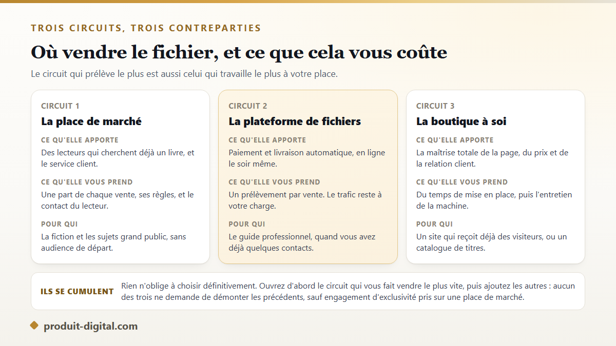 Comparaison des trois circuits pour vendre un livre numérique : place de marché, plateforme de vente de fichiers, boutique personnelle