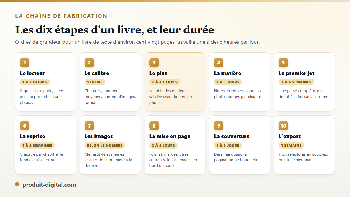 Les dix étapes pour faire un livre avec leur durée indicative, du lecteur visé au fichier exporté