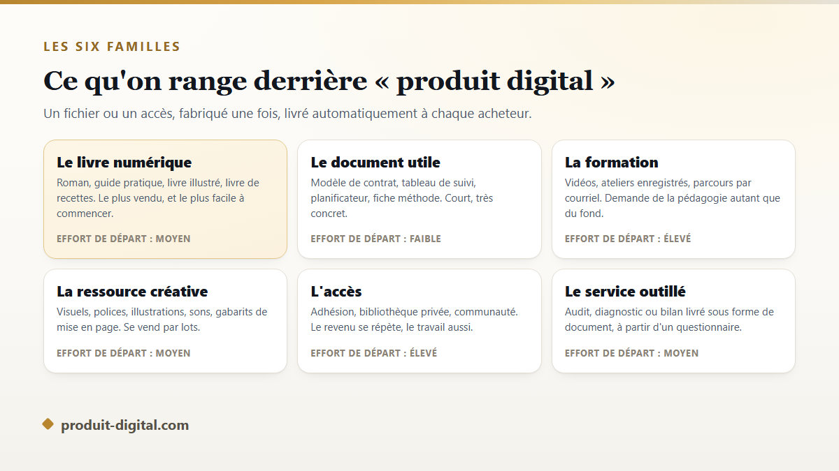Les six familles de produits digitaux avec leur effort de départ : livre numérique, document utile, formation, ressource créative, accès, service outillé
