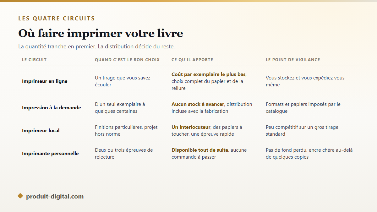 Comparatif des quatre solutions pour faire imprimer un livre : imprimeur en ligne, impression à la demande, imprimeur local, imprimante personnelle