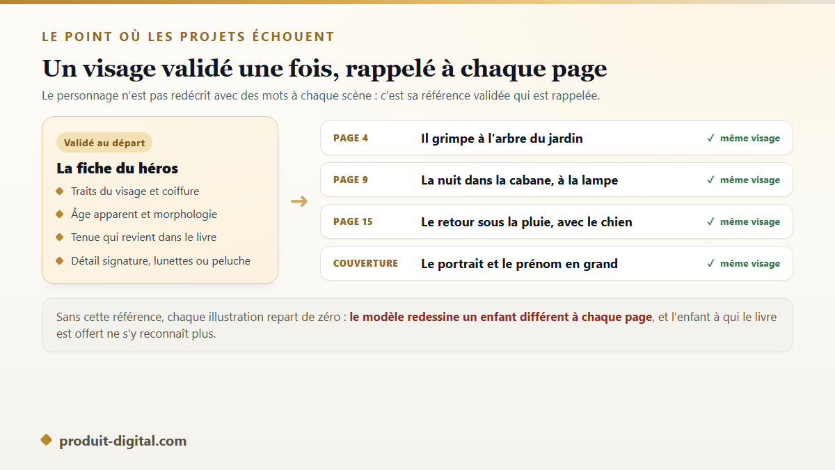 Comment un personnage cohérent garde le même visage sur toutes les illustrations d'un livre personnalisé