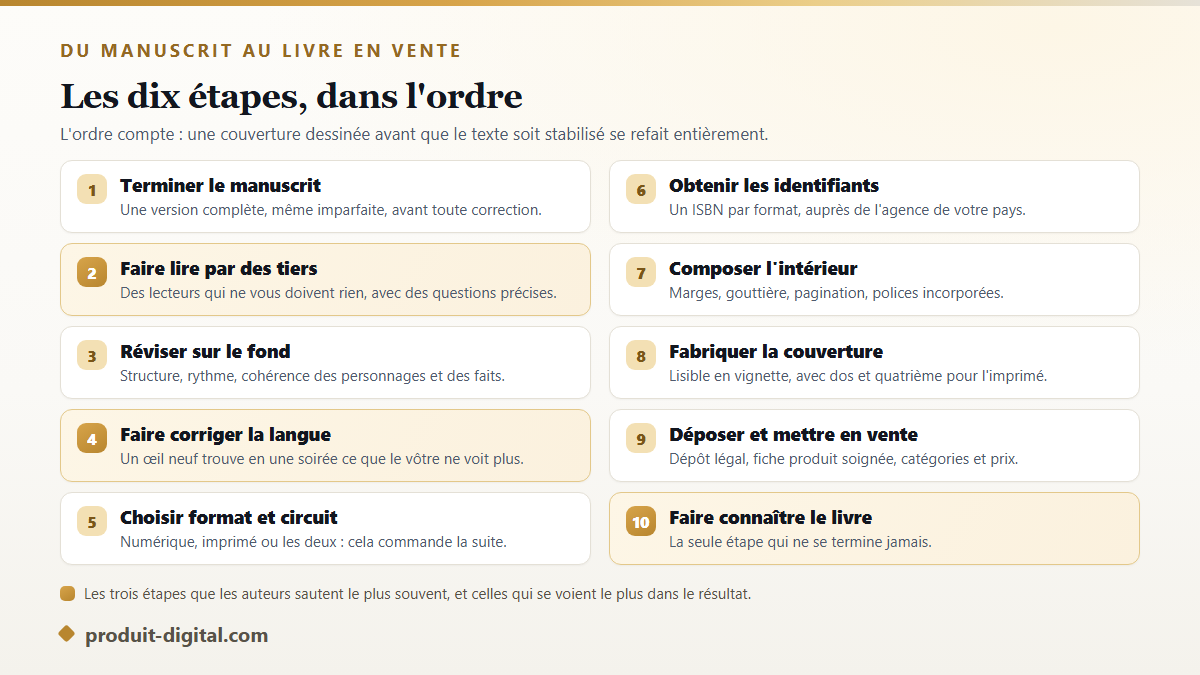 Les dix étapes pour auto-éditer un livre, du manuscrit terminé à la promotion, avec les trois étapes que les auteurs sautent le plus souvent