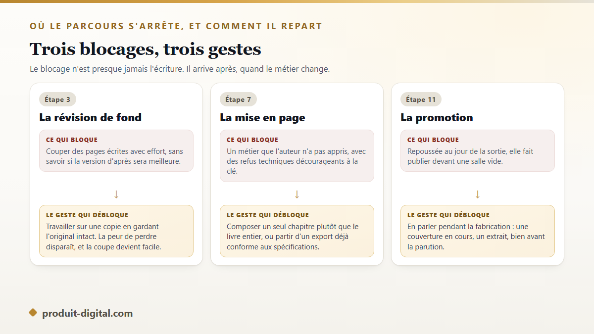 Les trois points de blocage d'un parcours d'auto-édition et le geste qui débloque chacun