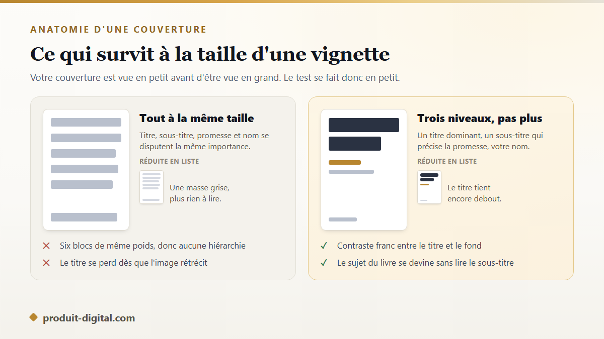 Anatomie d'une couverture d'ebook lisible en vignette : hiérarchie du titre, contraste et sous-titre court