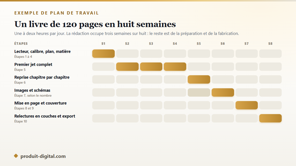 Exemple de calendrier sur huit semaines pour faire un livre de cent vingt pages, étape par étape
