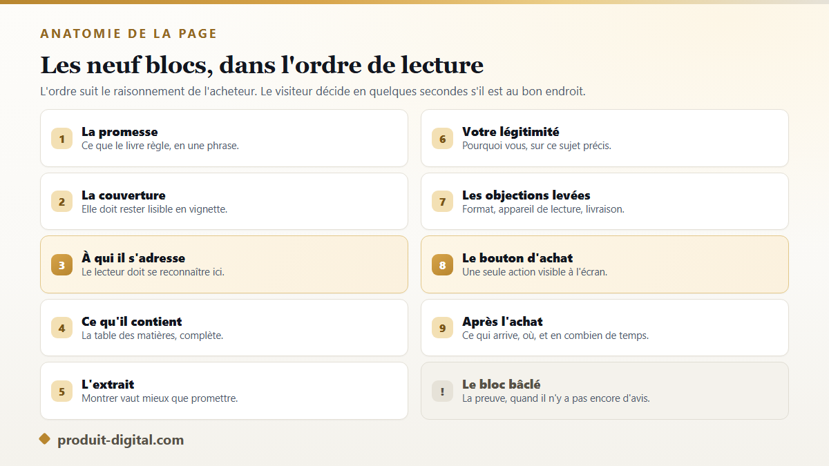 Anatomie d'une page de vente d'ebook : les blocs à placer dans l'ordre, de la promesse au bouton d'achat