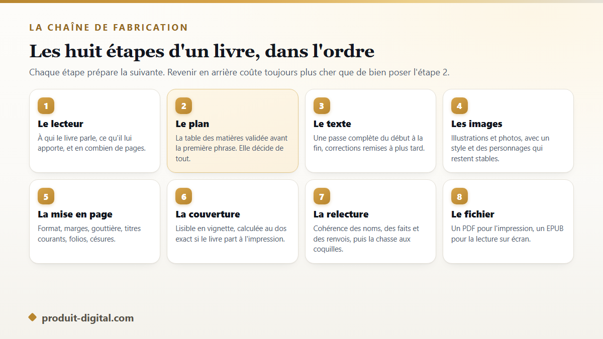 Les huit étapes pour fabriquer un livre, du lecteur visé au fichier PDF final en passant par le plan, les illustrations et la mise en page