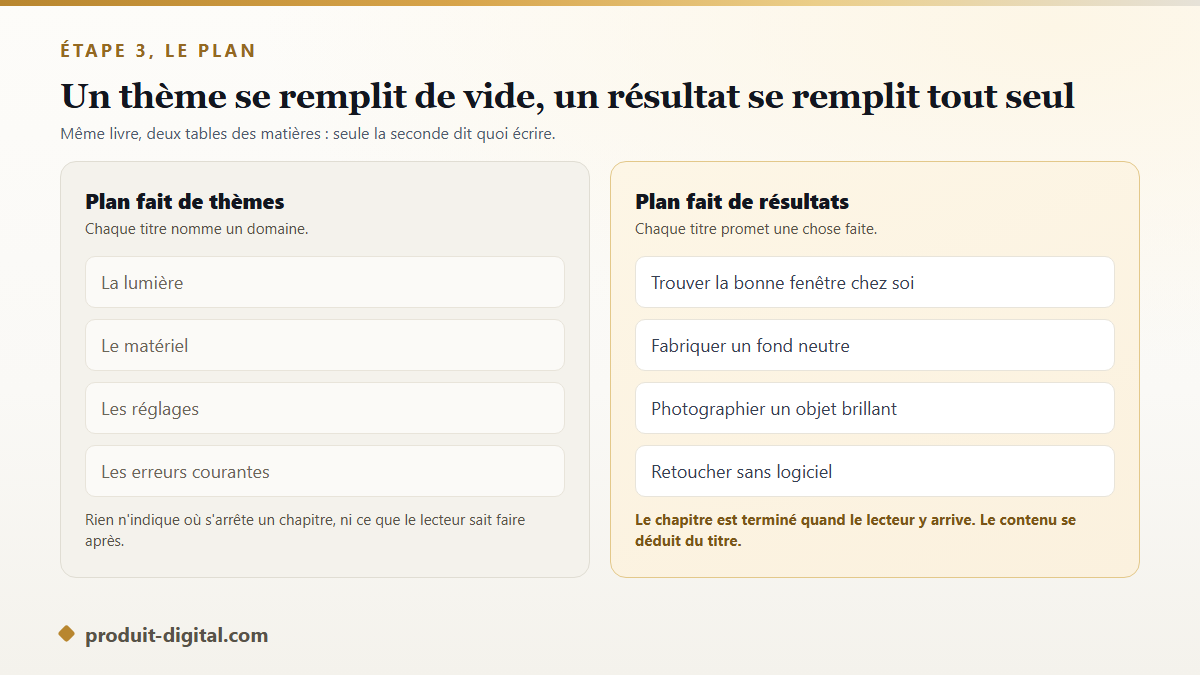Comparaison entre un plan d'ebook fait de thèmes et un plan fait de résultats promis au lecteur